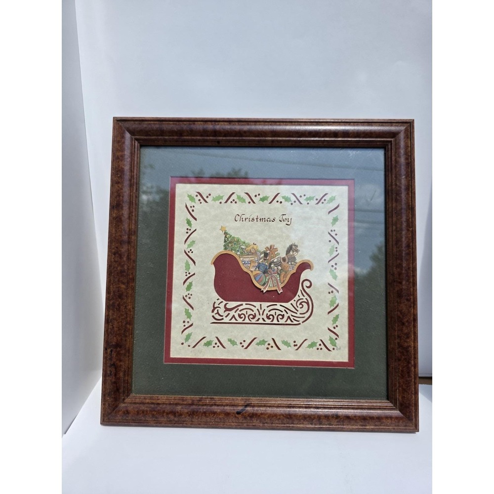 VTG 1987 Designs with Scissors Christmas Joy Santa Sleigh Framed Decoration 12"